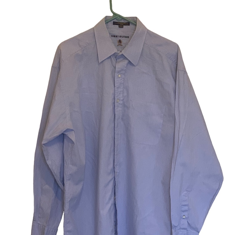Tommy Hilfiger Mens Size 16 1/2 34-35 Dress Shirt Blue Stripe Button Front L/S